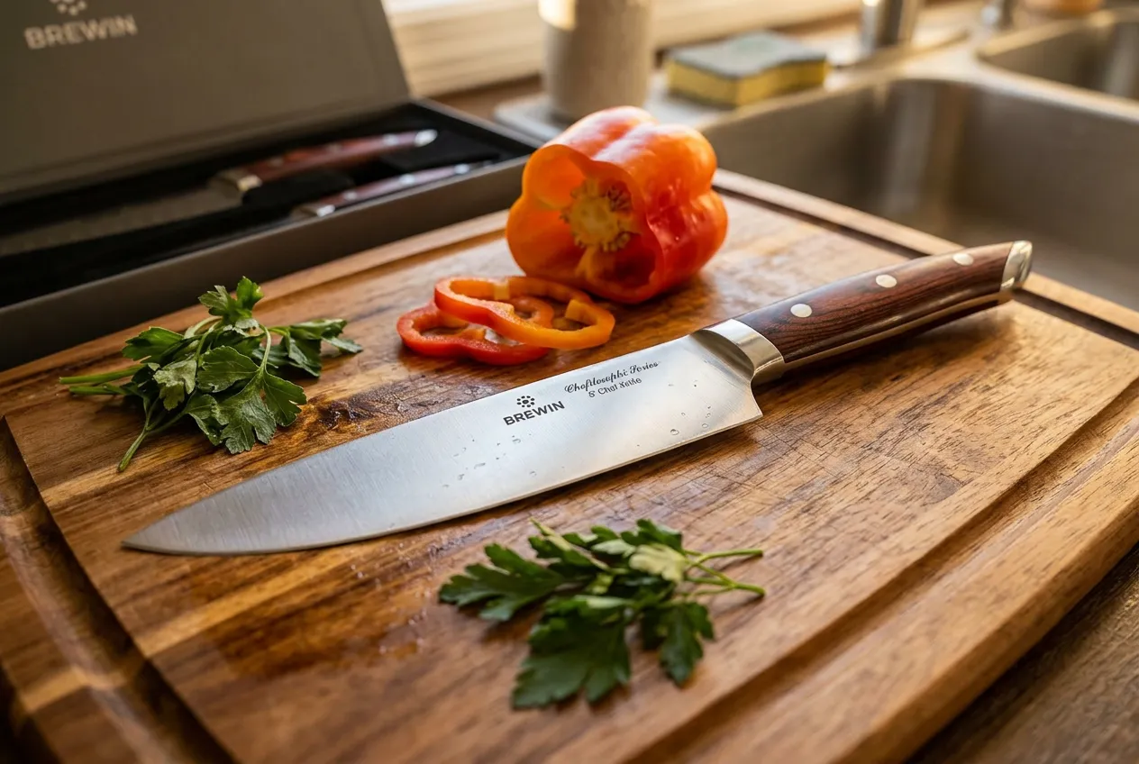 Chef searing steak in stainless steel pan