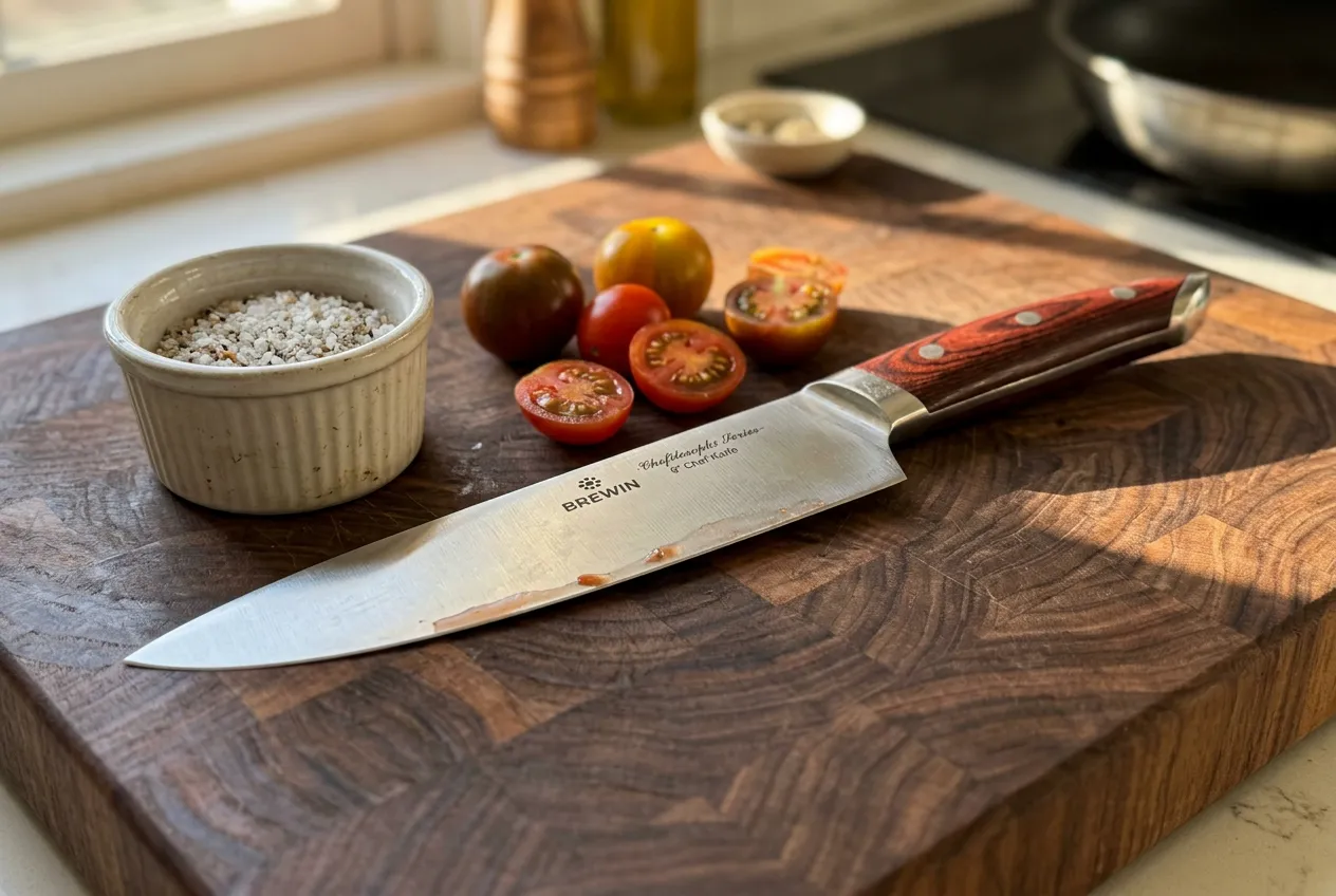 Chef searing steak in stainless steel pan